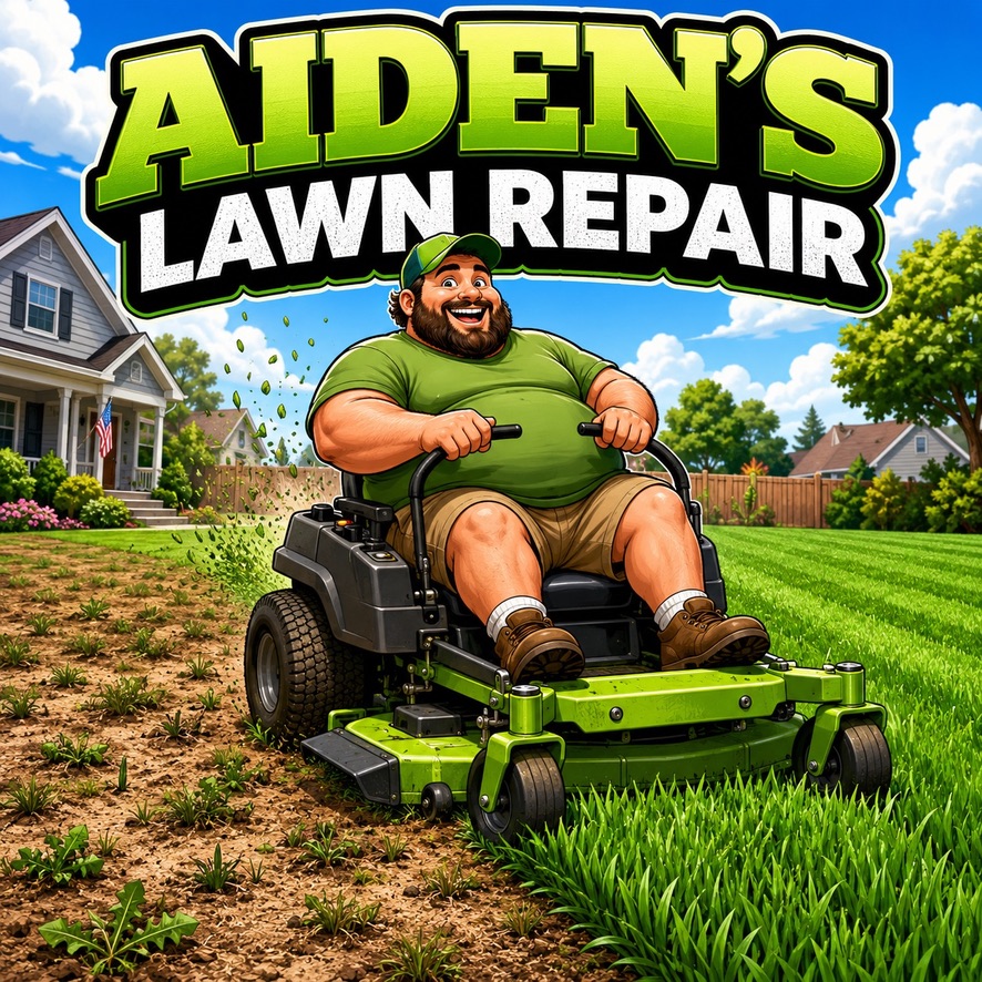 Aiden on his mower, cutting a bare patch back into thick green lawn