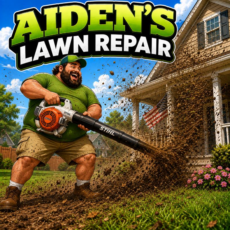 Aiden using a leaf blower, sending leaves and debris across the yard and up the side of a house