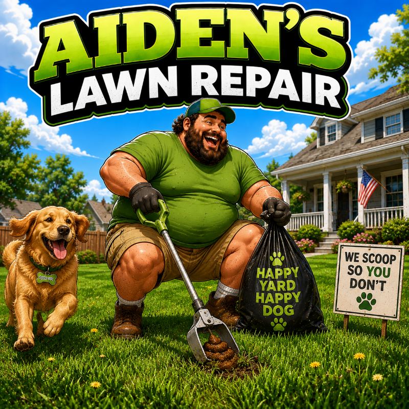 Aiden scooping up after a dog, next to a sign reading We scoop so you don't
