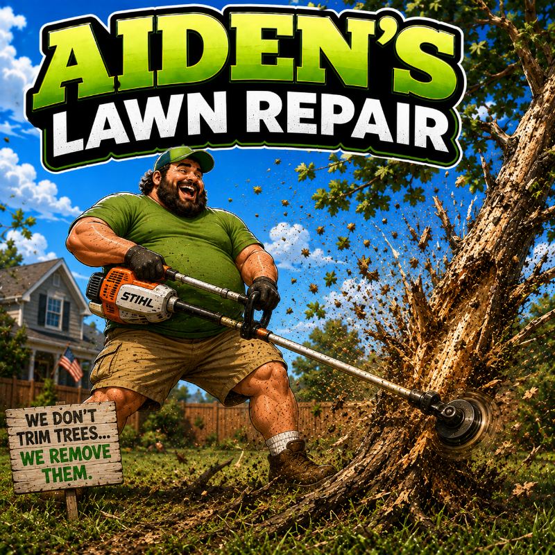 Aiden taking a string trimmer to a tree, beside a sign reading We don't trim trees, we remove them